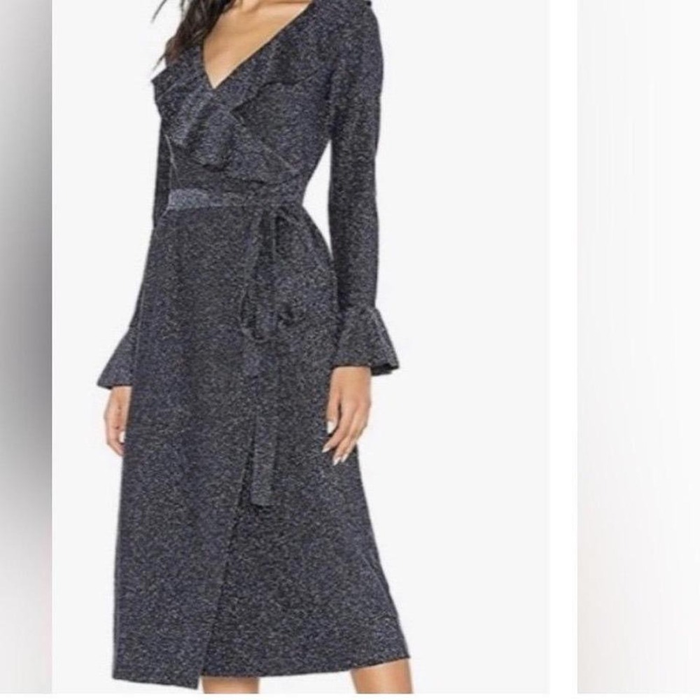 Free People Shimmer Ruffle Wrap Midi Dress Navy Blue Metallic XS